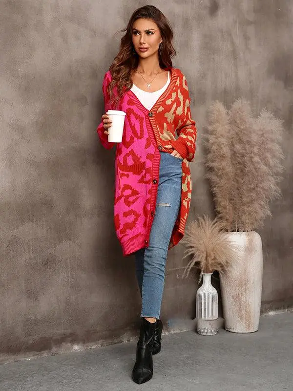 Mid-Length Leopard Knitted Cardigan Sweater