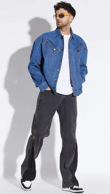 MID WASH WAVY PANELLED OVERSIZED DENIM JACKET