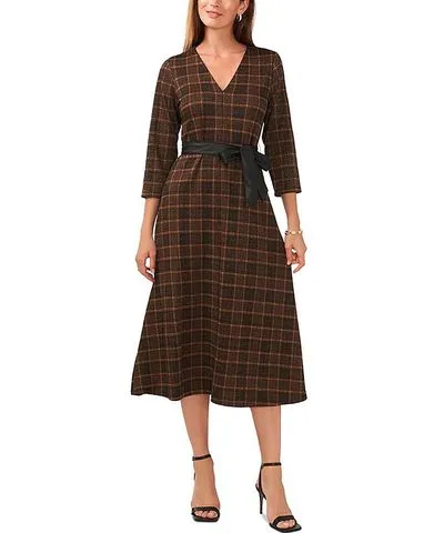 MSK Womens Knit Plaid Midi Dress