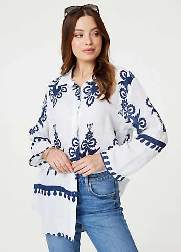 Multi Navy Printed Oversized Button Down Shirt by Izabel London | Look Again