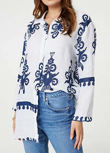 Multi Navy Printed Oversized Button Down Shirt by Izabel London | Look Again