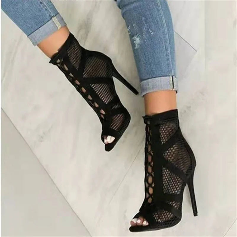 Net Fabric Cross Strap High Heel Lace-up Peep Toe Boots