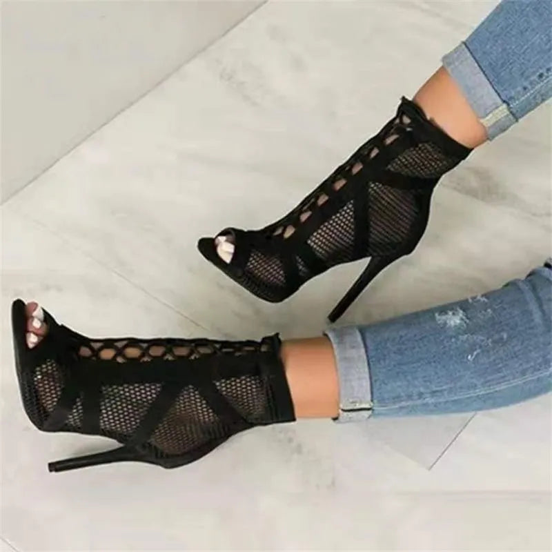 Net Fabric Cross Strap High Heel Lace-up Peep Toe Boots