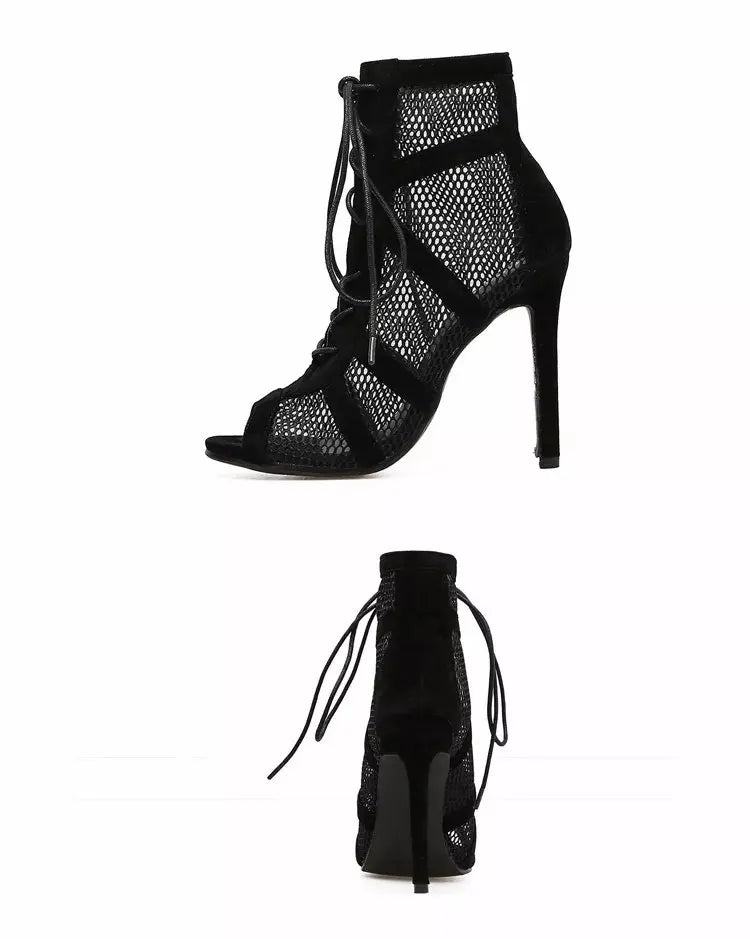 Net Fabric Cross Strap High Heel Lace-up Peep Toe Boots