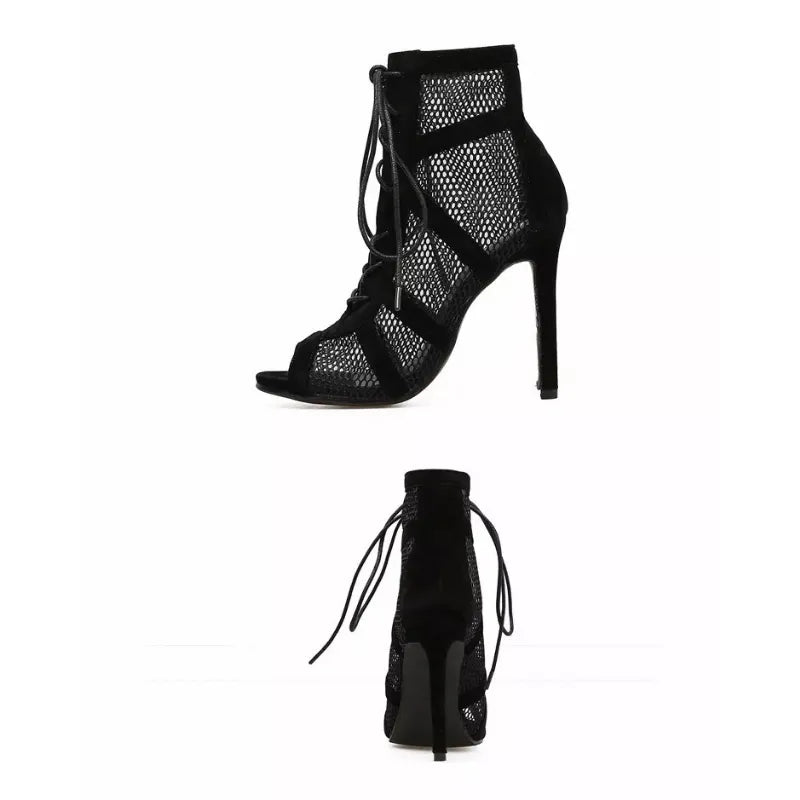 Net Fabric Cross Strap High Heel Lace-up Peep Toe Boots