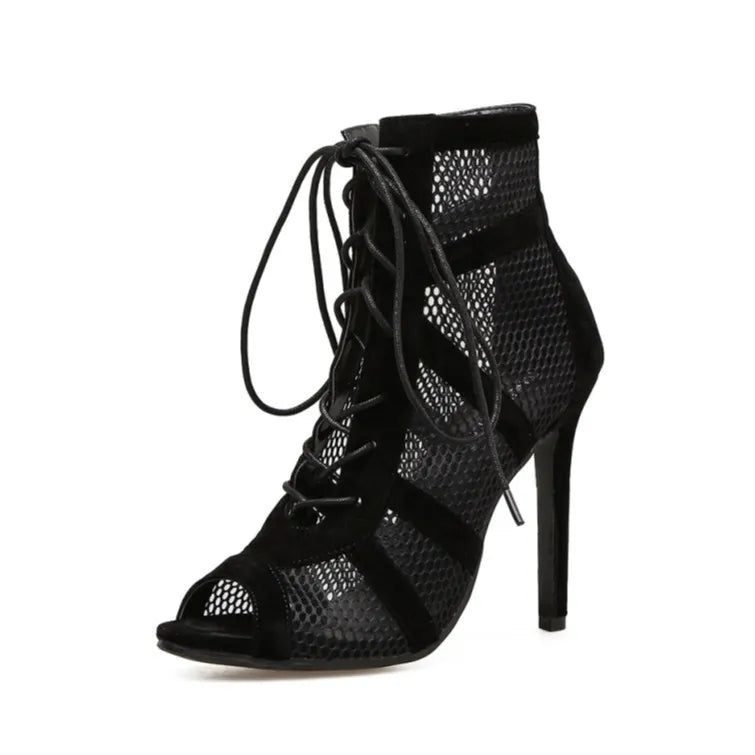 Net Fabric Cross Strap High Heel Lace-up Peep Toe Boots