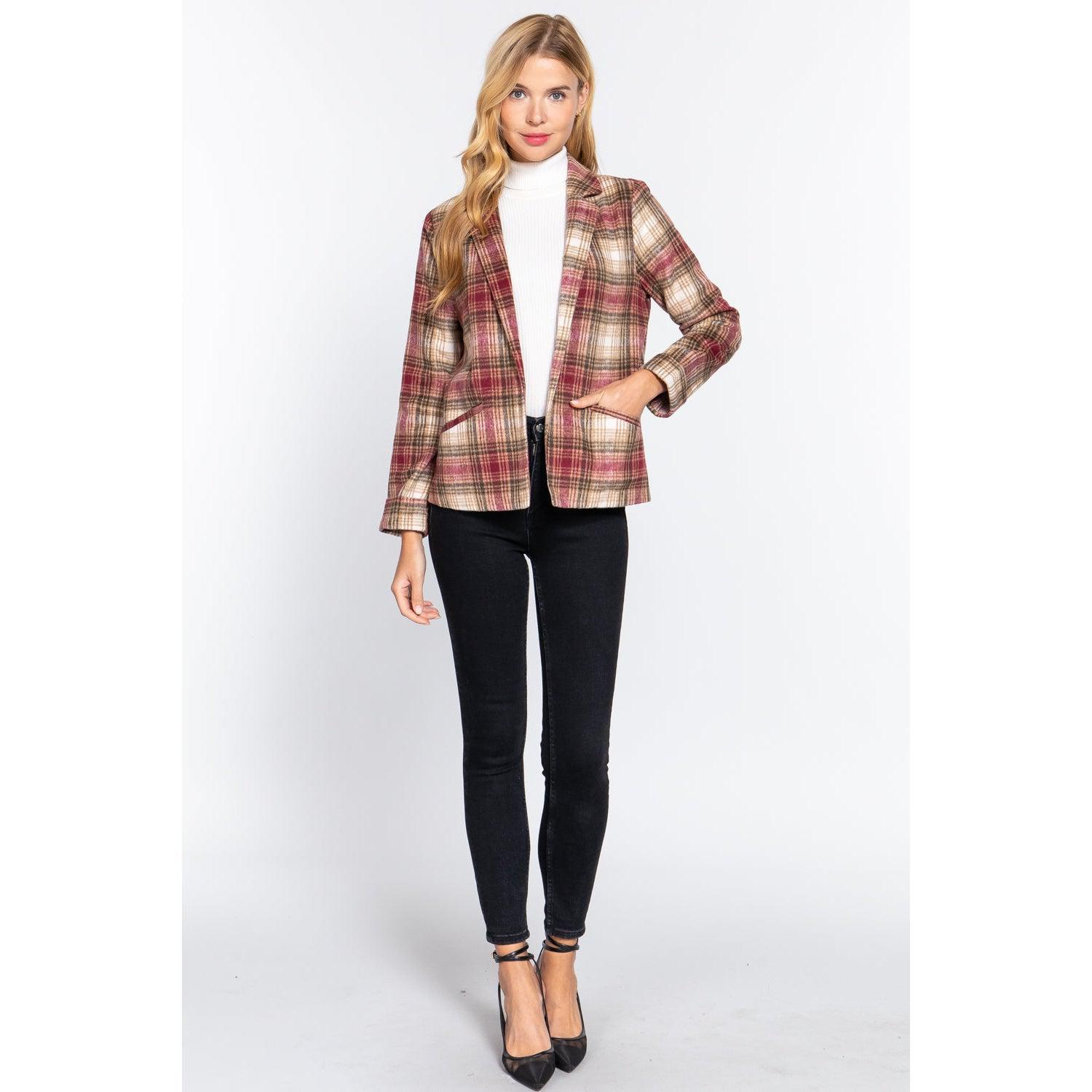 Notched Collar Plaid Jacket