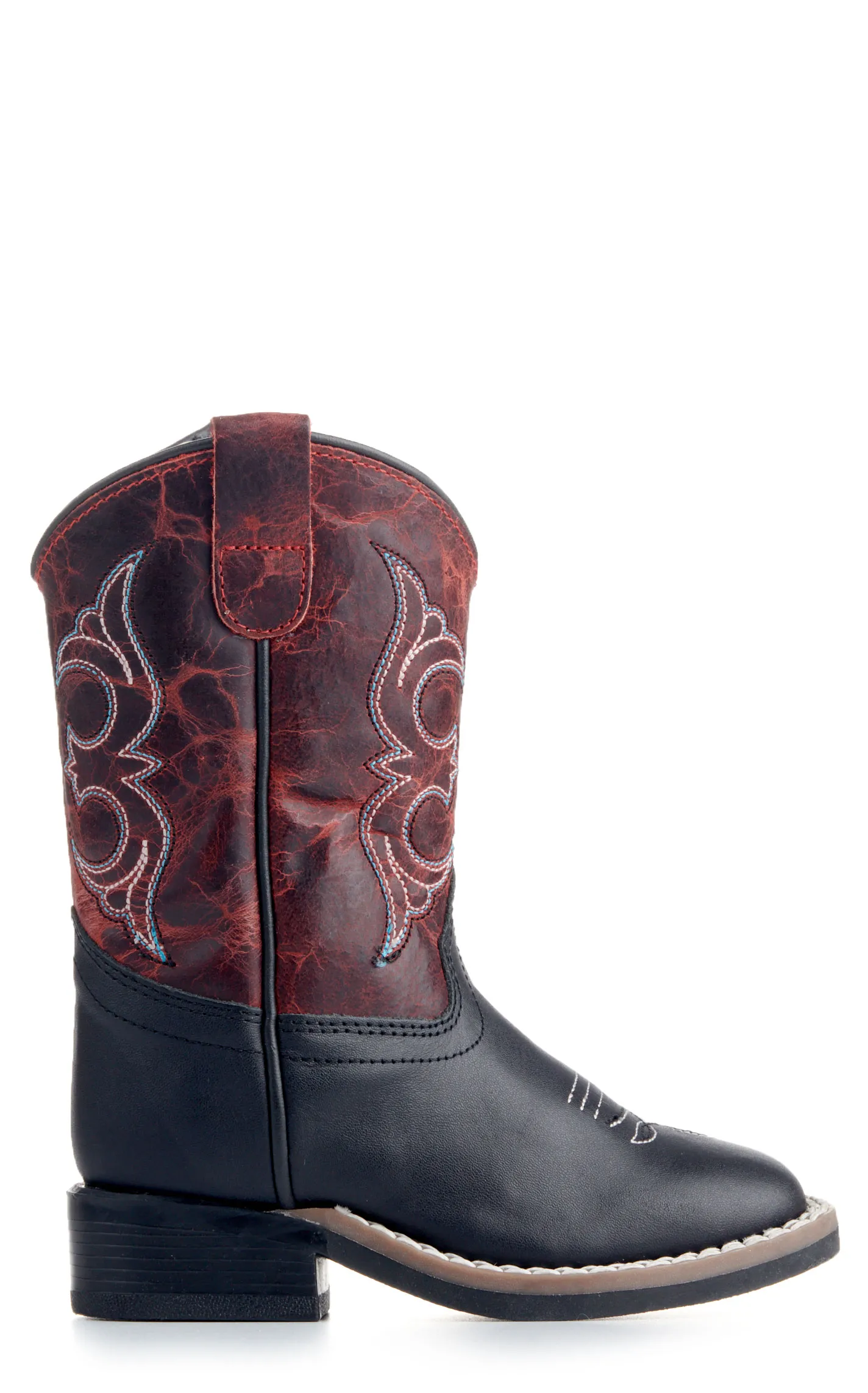 Old West Toddler Black and Burnt Red Wide Square Toe Cowboy Boots