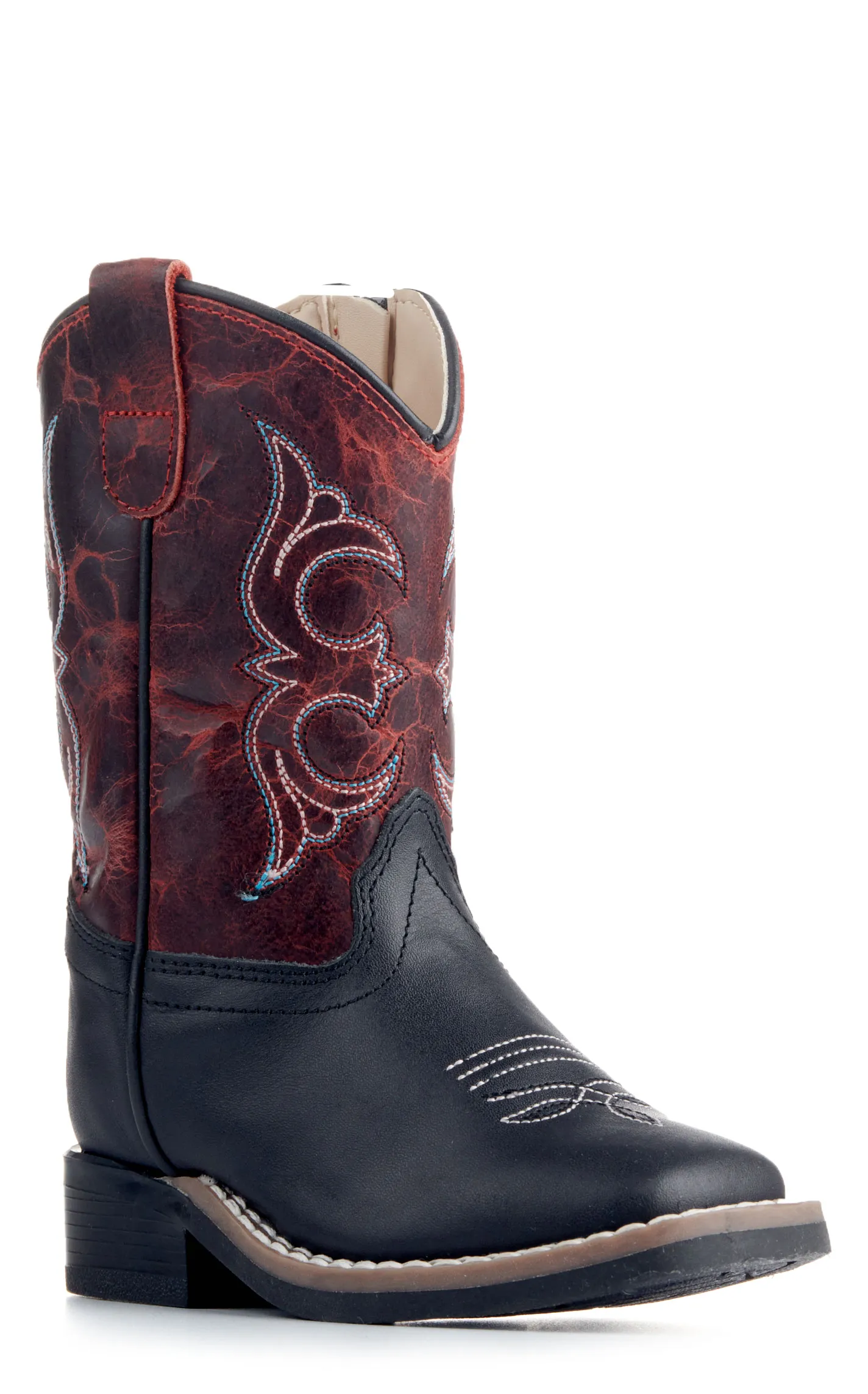 Old West Toddler Black and Burnt Red Wide Square Toe Cowboy Boots