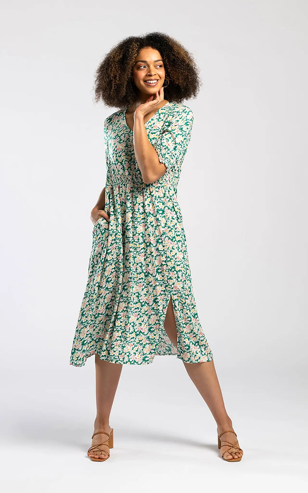 Pentlebay Clothing Shirred Waist Midi Dress In Green Blossom