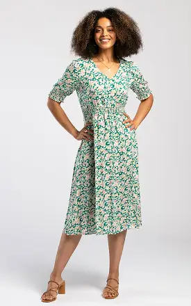 Pentlebay Clothing Shirred Waist Midi Dress In Green Blossom