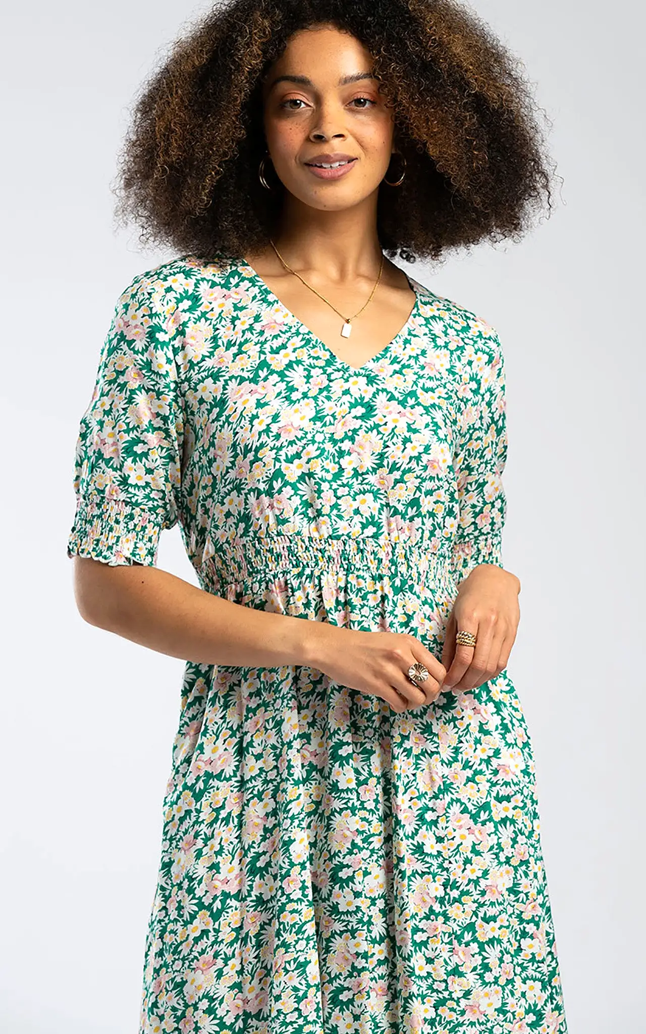 Pentlebay Clothing Shirred Waist Midi Dress In Green Blossom