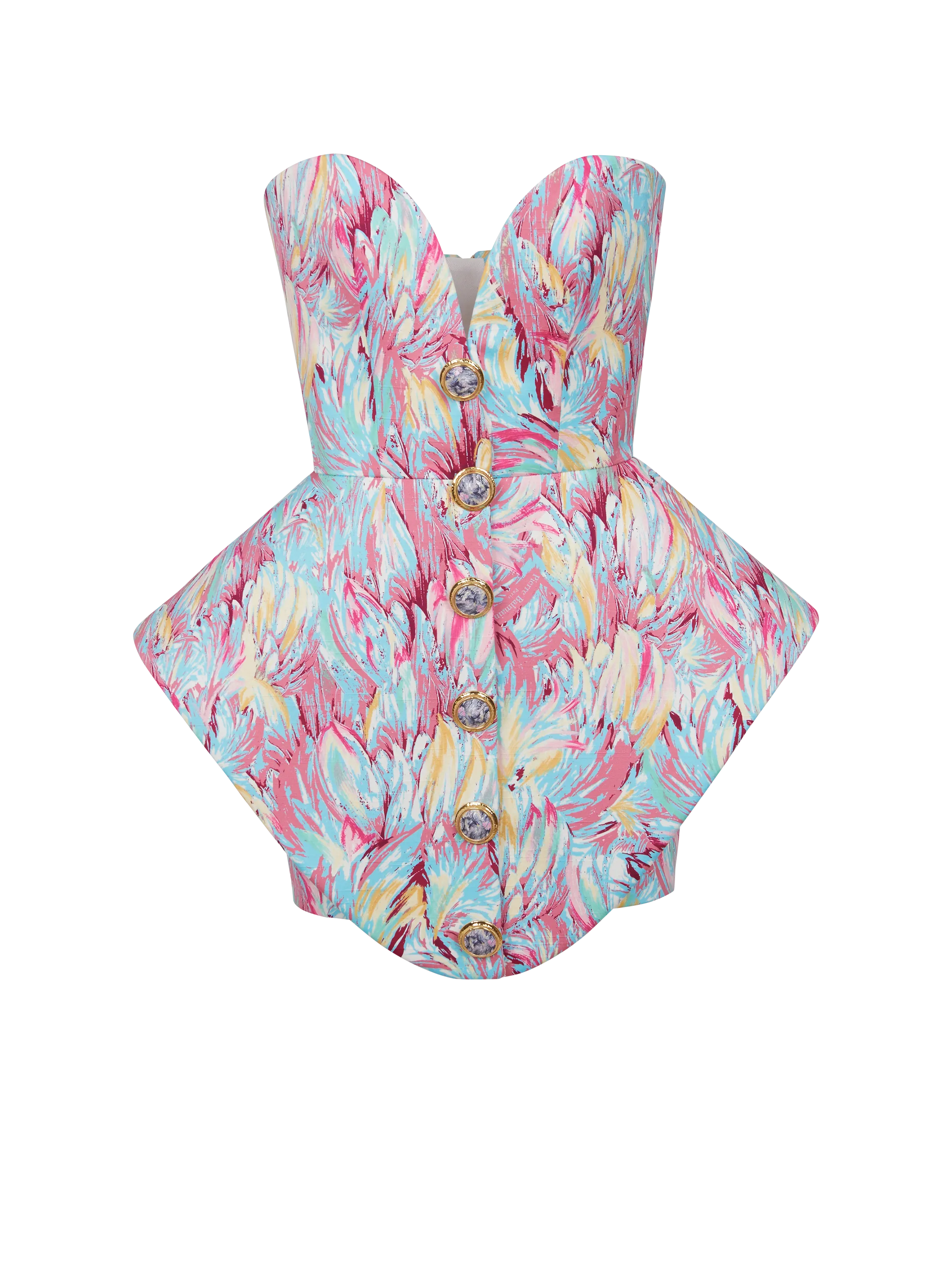 Peplum bustier dress with Feather print