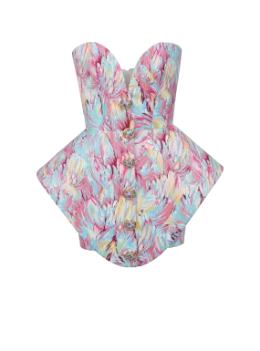 Peplum bustier dress with Feather print