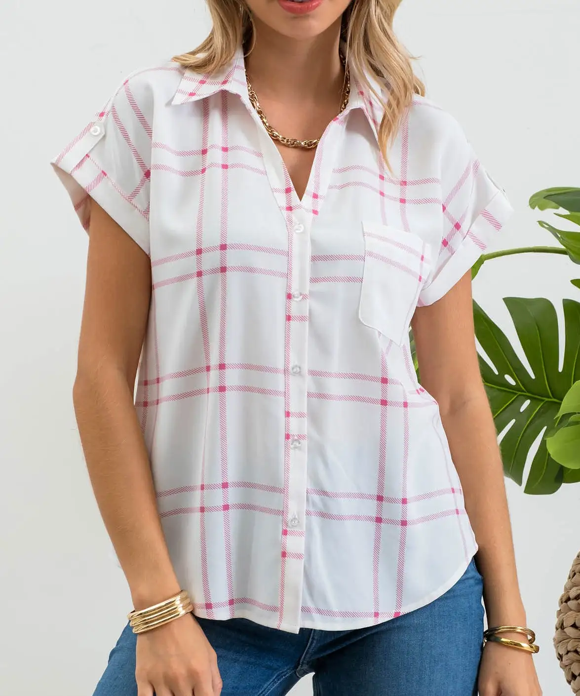 Plaid Short Fold Sleeve Button Down Shirt - Pink