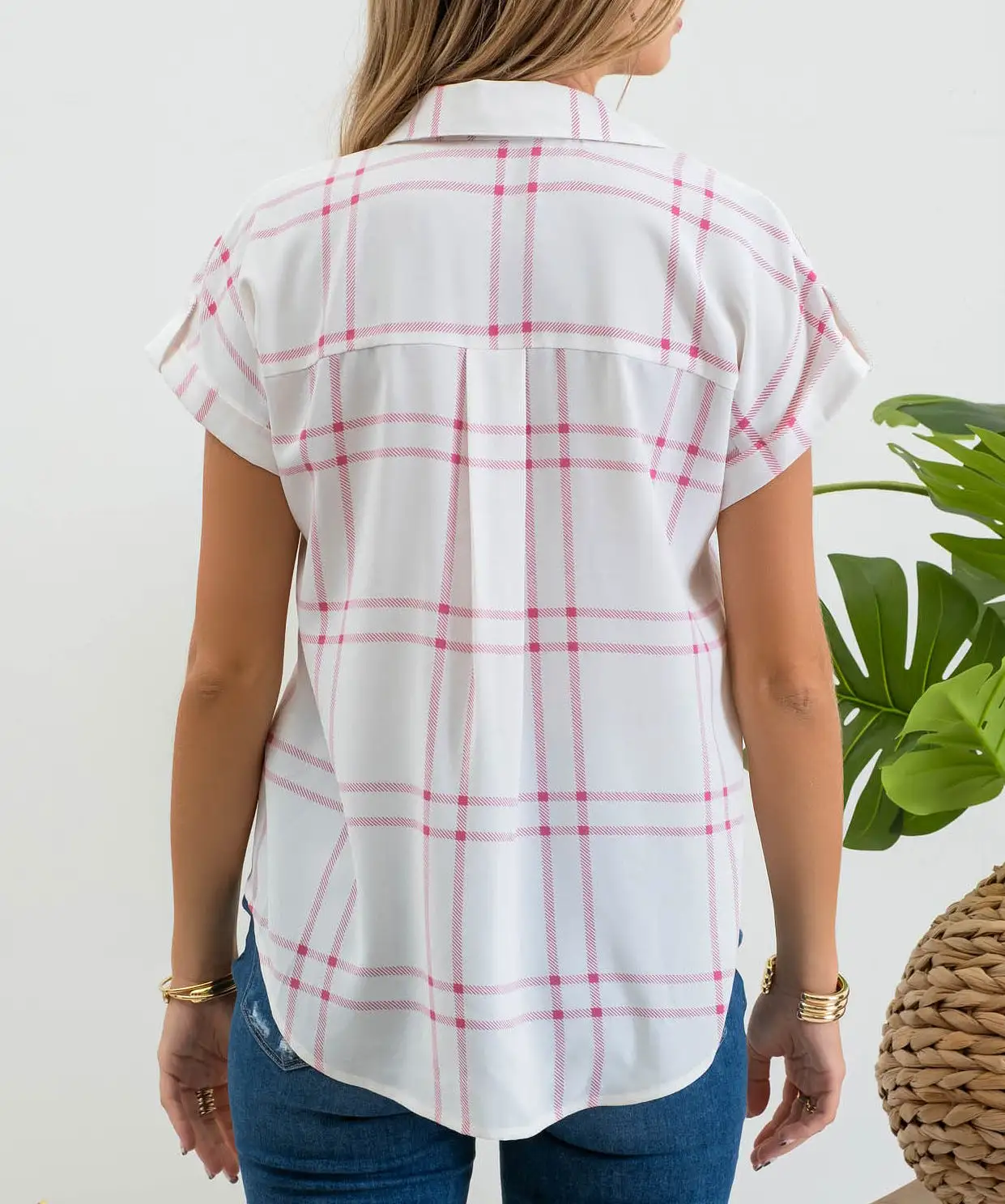 Plaid Short Fold Sleeve Button Down Shirt - Pink