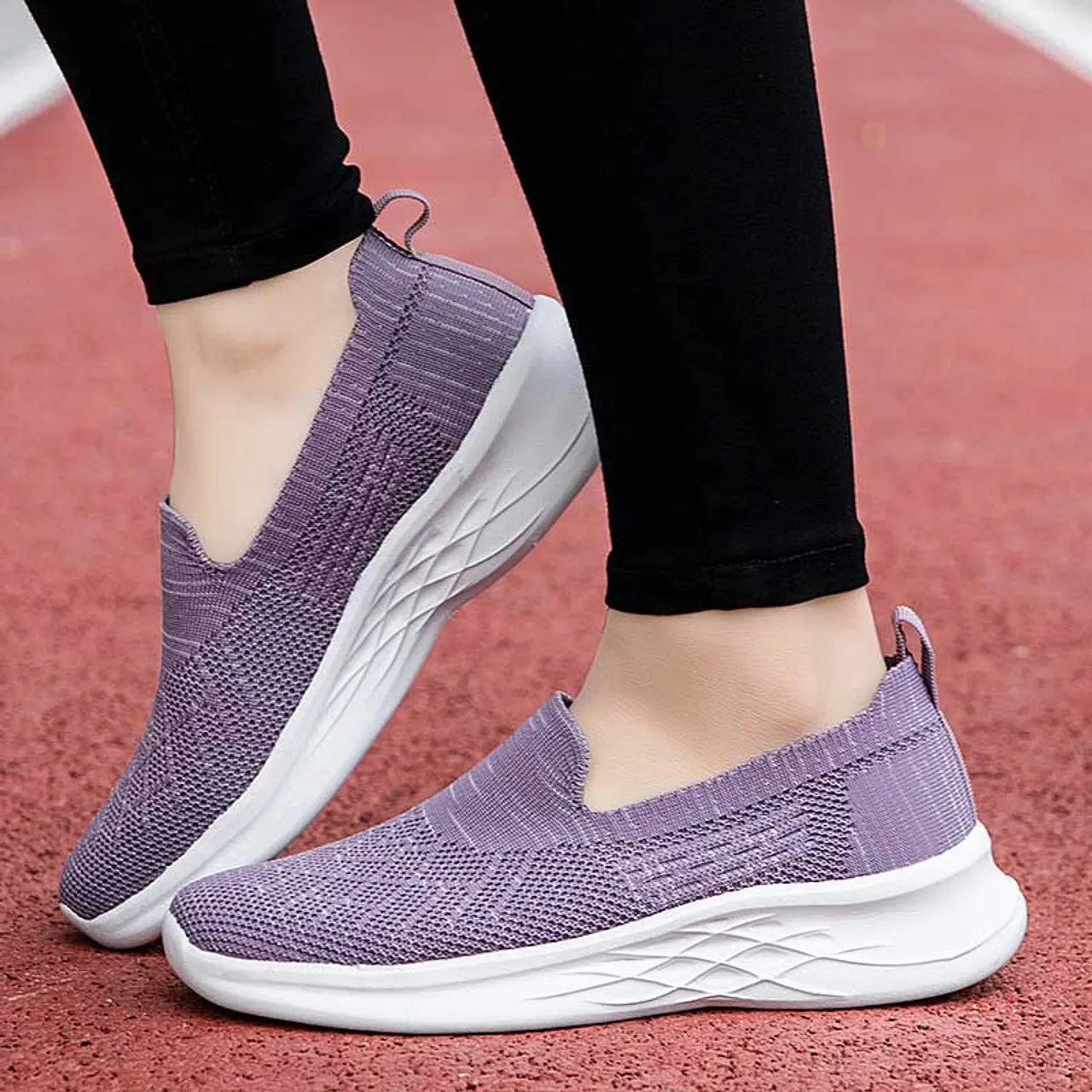 Purple flyknit stripe texture slip on shoe sneaker