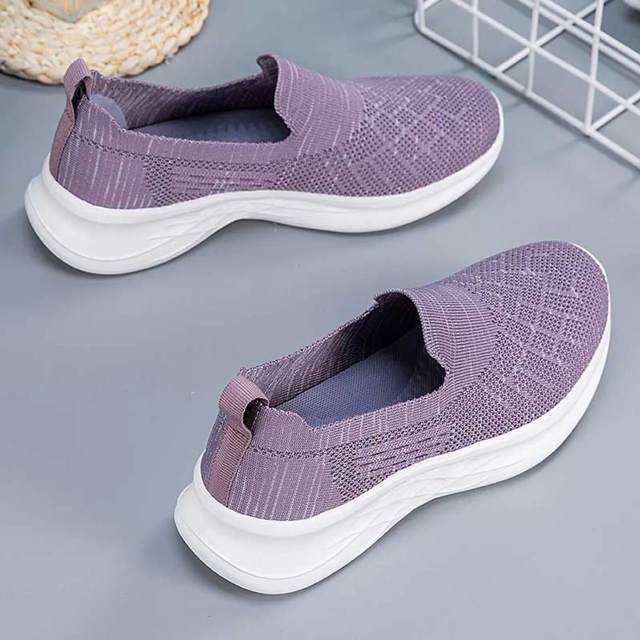 Purple flyknit stripe texture slip on shoe sneaker