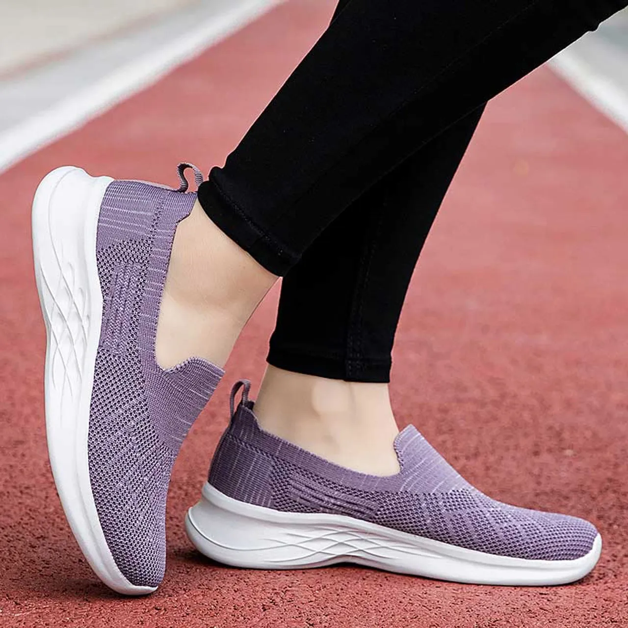 Purple flyknit stripe texture slip on shoe sneaker