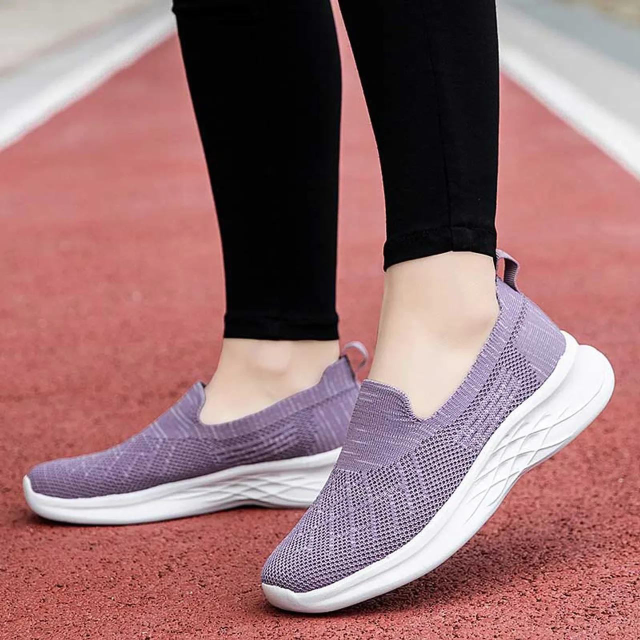 Purple flyknit stripe texture slip on shoe sneaker