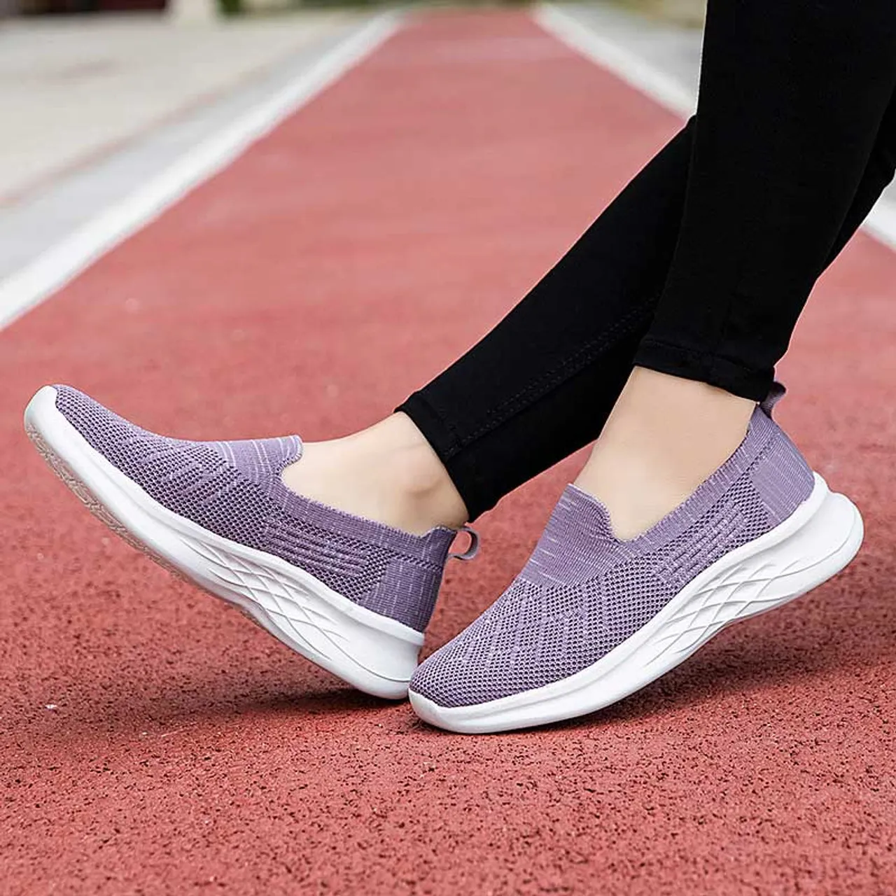 Purple flyknit stripe texture slip on shoe sneaker