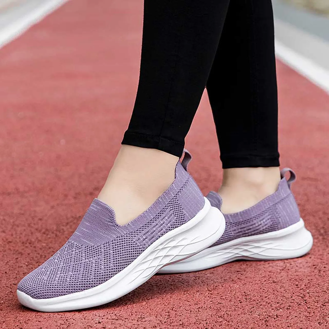 Purple flyknit stripe texture slip on shoe sneaker