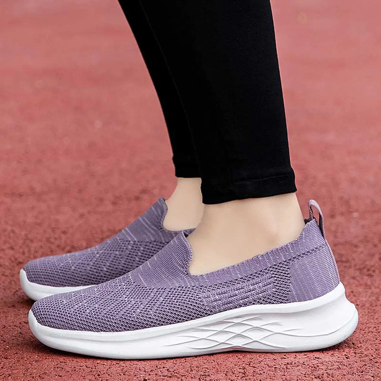 Purple flyknit stripe texture slip on shoe sneaker