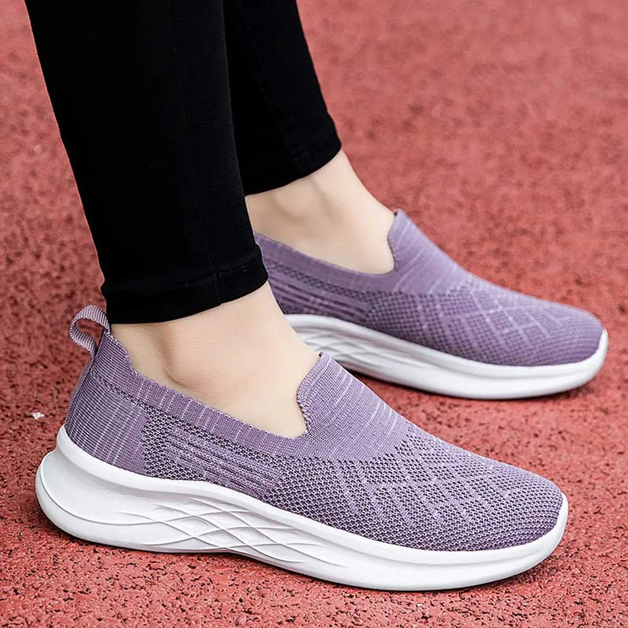 Purple flyknit stripe texture slip on shoe sneaker