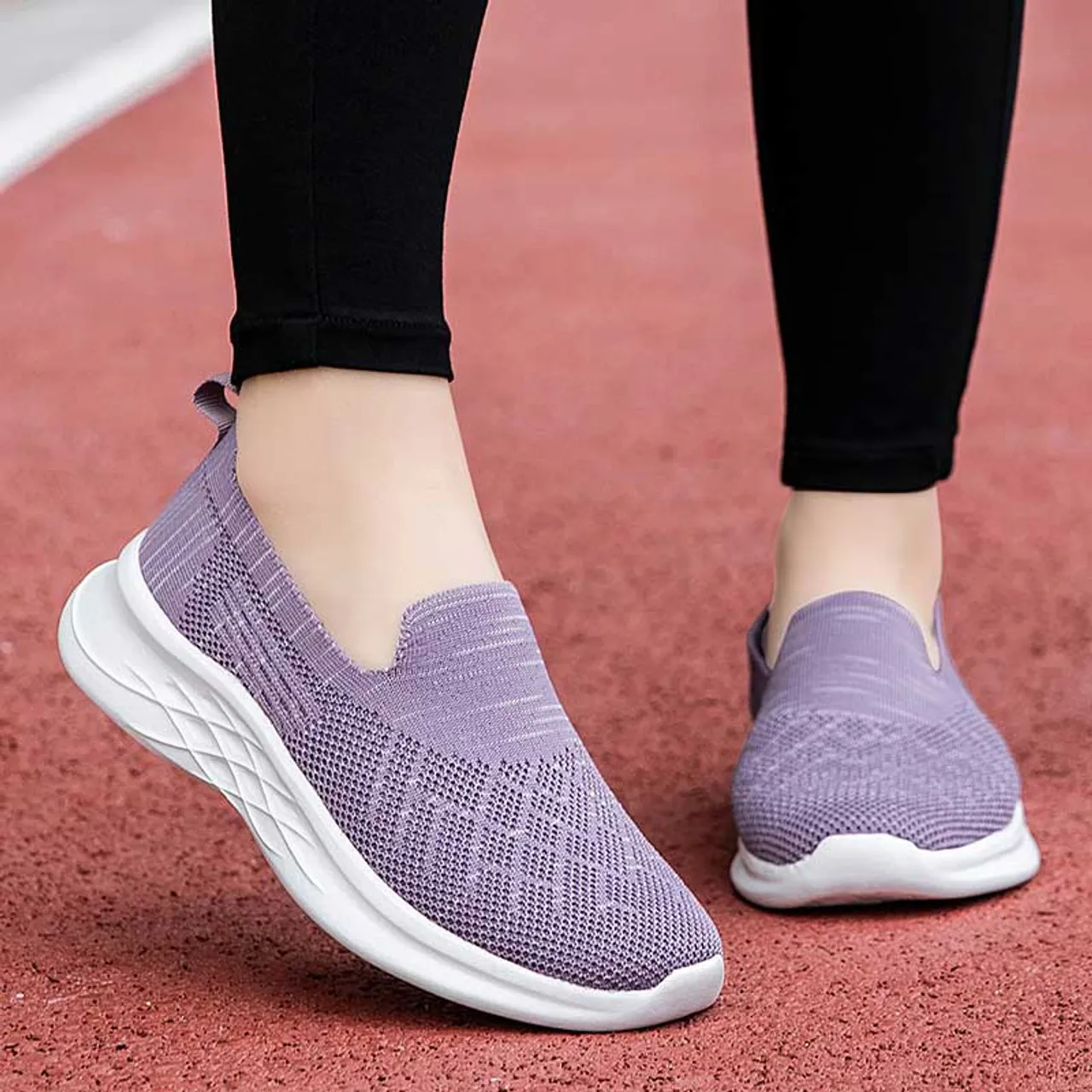 Purple flyknit stripe texture slip on shoe sneaker