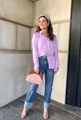 Satin Woven Button Down Shirt - Lavender