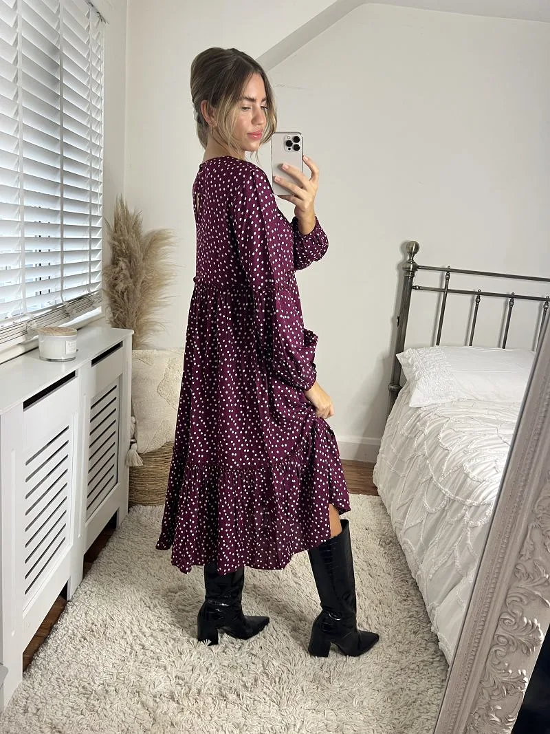 Slaytwins Astrid Polka Dot Print Midi Dress- Wine