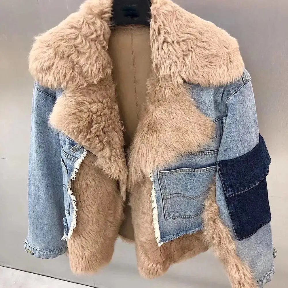 Sporty Denim Jacket With Sheepkin And Sheep Fur Trims