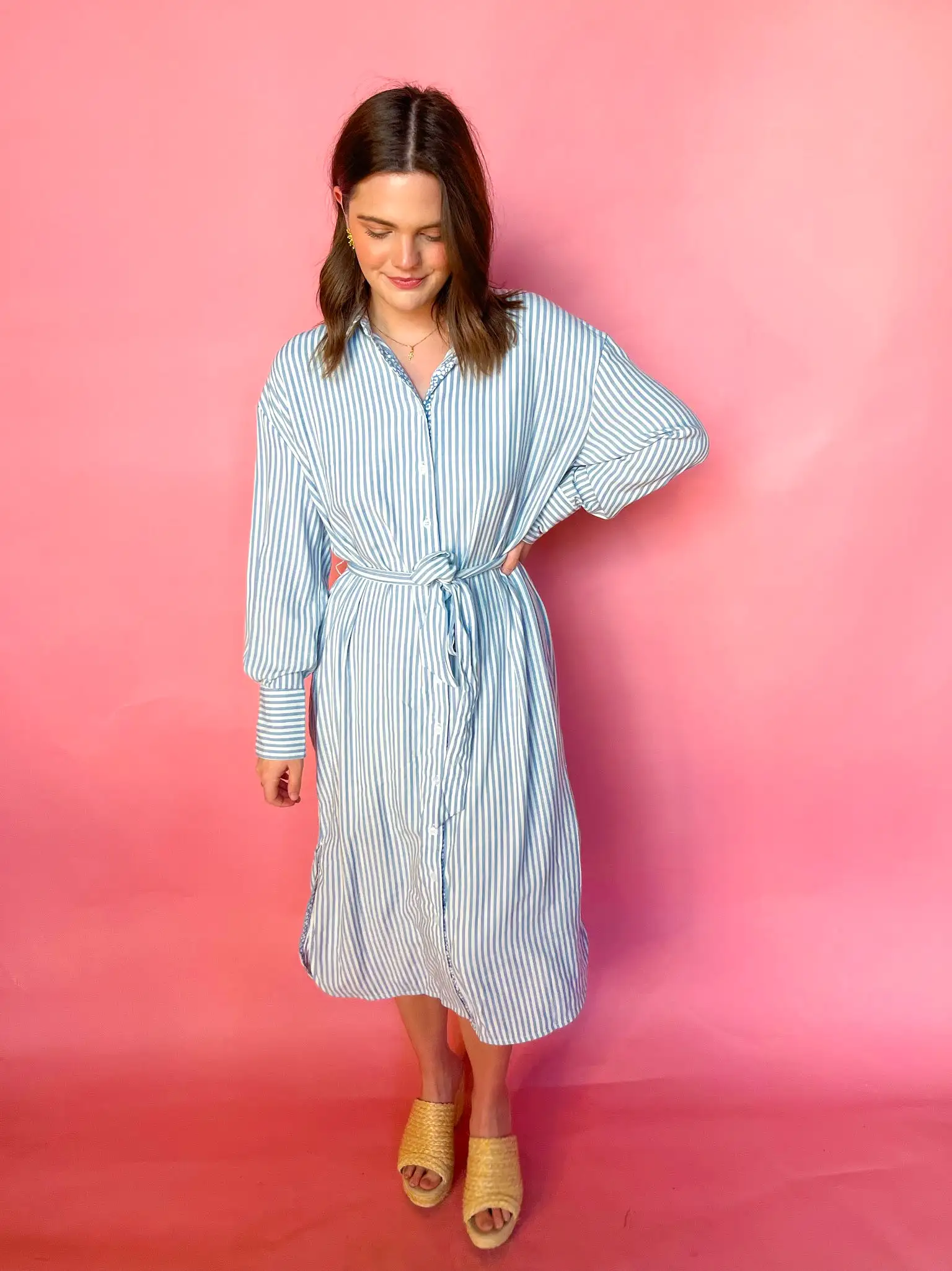 Striped Button Down Shirt Dress - Blue