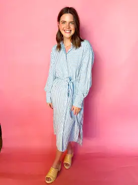 Striped Button Down Shirt Dress - Blue