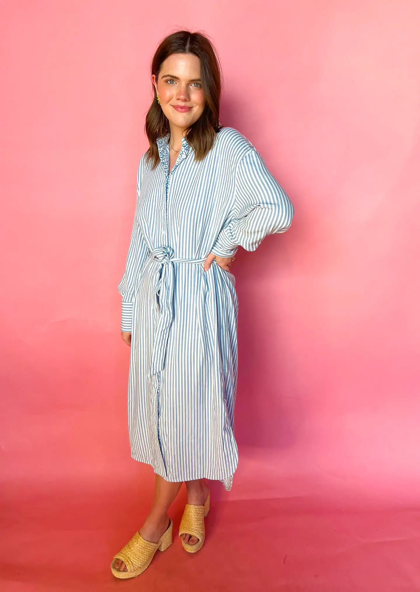 Striped Button Down Shirt Dress - Blue