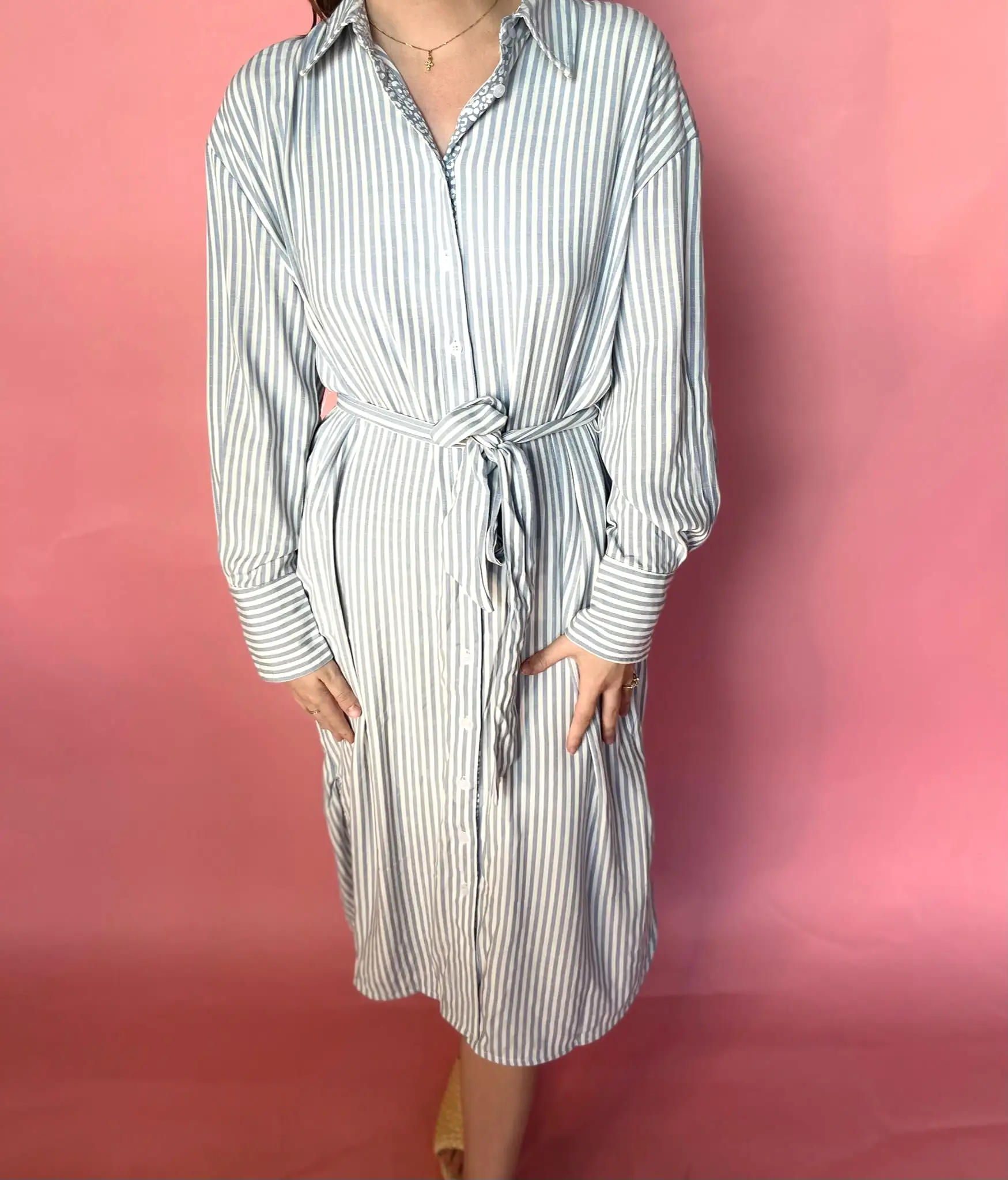 Striped Button Down Shirt Dress - Blue