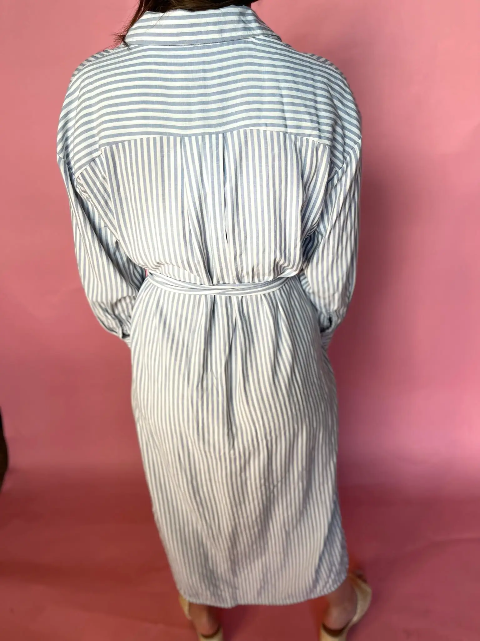 Striped Button Down Shirt Dress - Blue