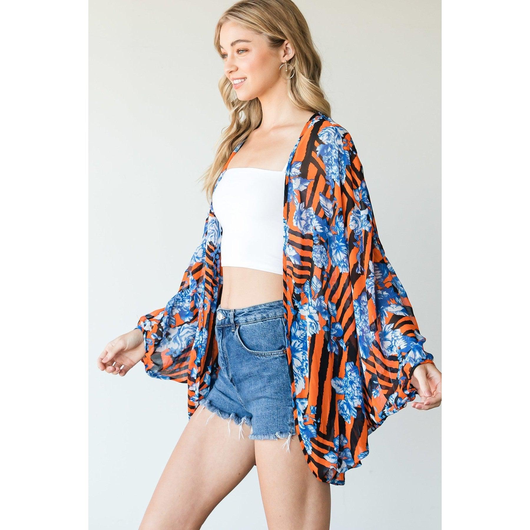 Stripes And Floral Print Lightweight Kimono