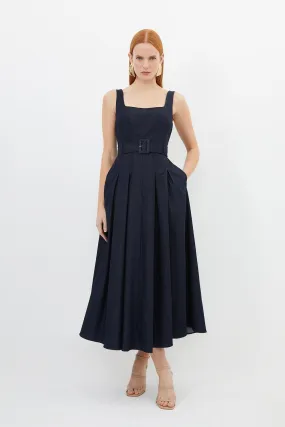 Tailored Denim Belted Full Skirted Tailored Midaxi Dress | Karen Millen