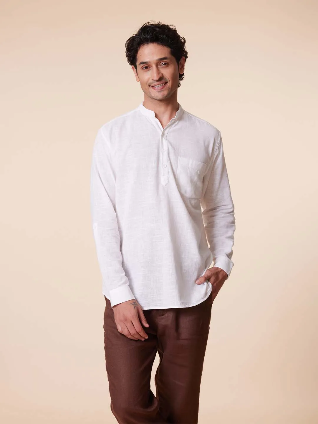 V-Neck Diamond Pocket White Shirt - Vedic