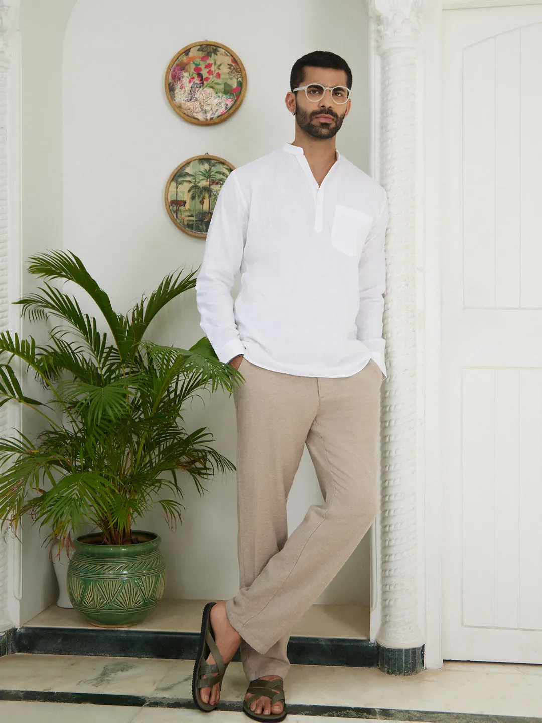 V-Neck Diamond Pocket White Shirt - Vedic