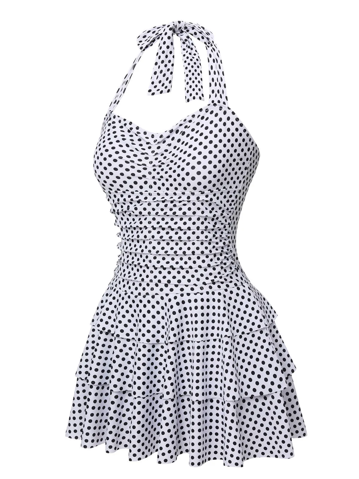 White 1940s Polka Dot Halter Skirted Swimsuit