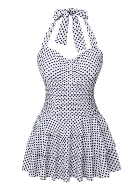 White 1940s Polka Dot Halter Skirted Swimsuit