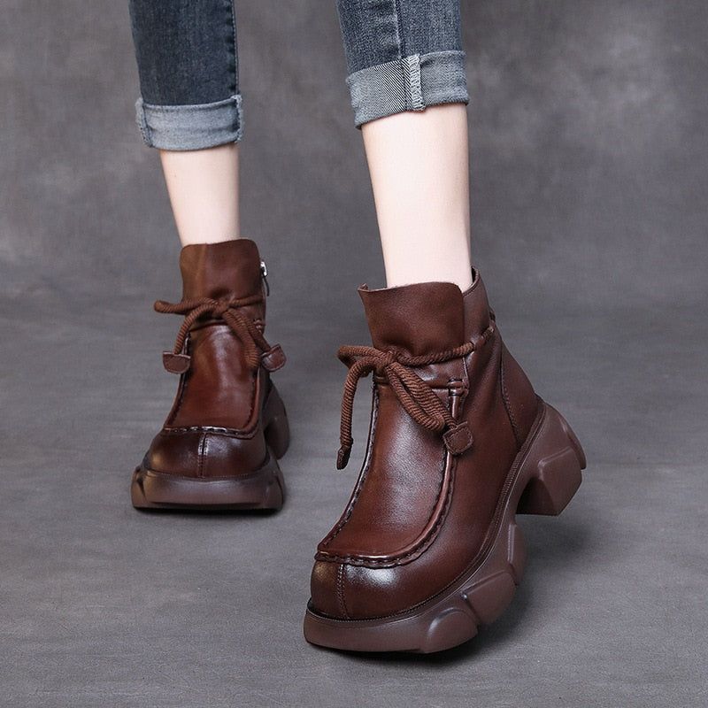 Women's Casual Shoes QS146 - Leather Square Thick Heel Short Boots