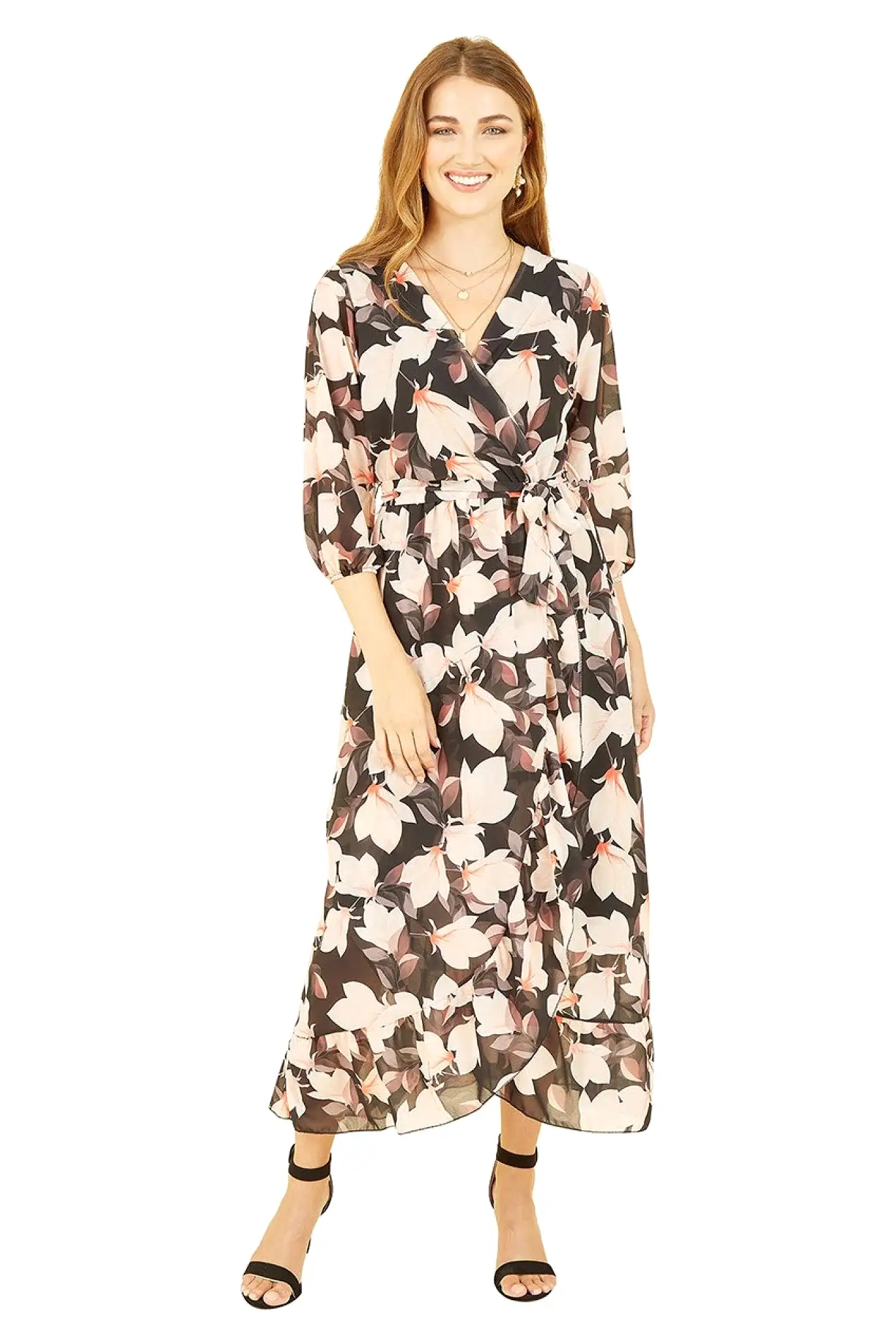 Yumi Black Blossom Wrap Midi Dress With 3/4 Sleeves