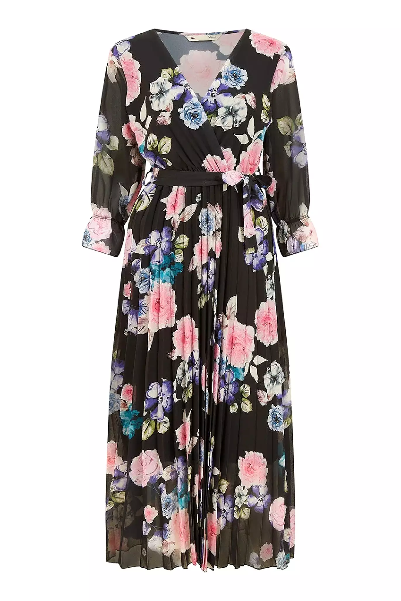 Yumi Black Floral Pleated Wrap Midi Dress