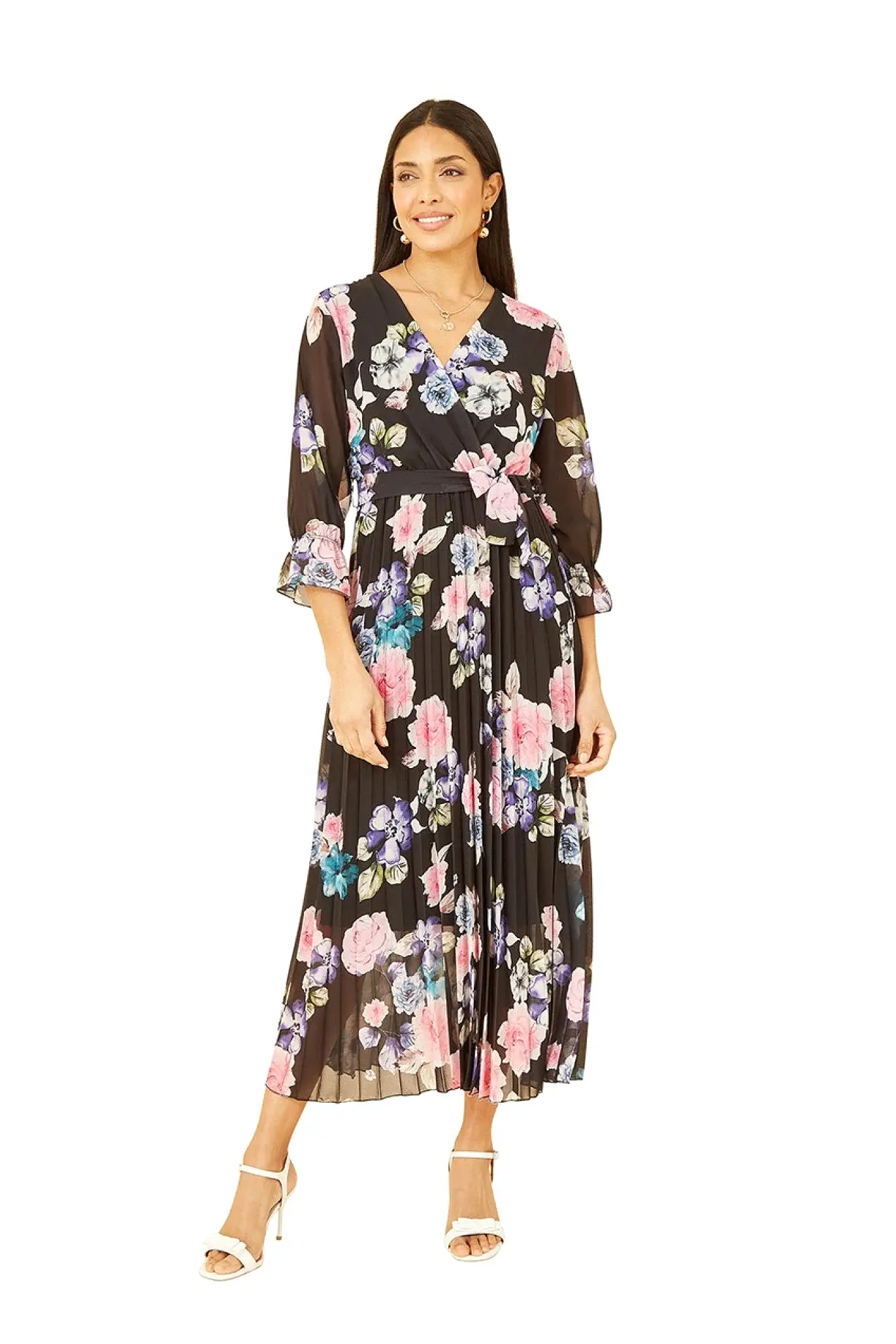 Yumi Black Floral Pleated Wrap Midi Dress