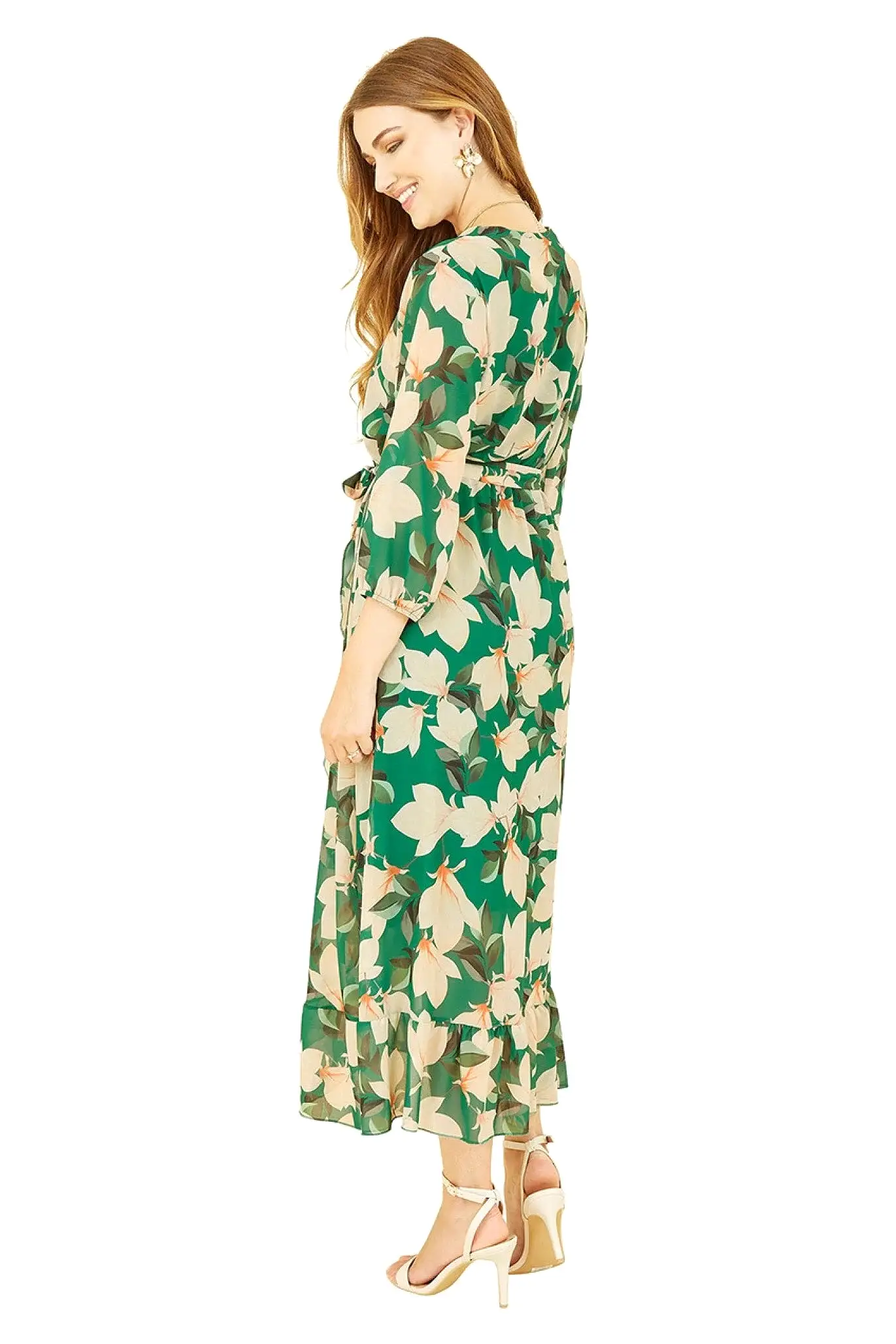 Yumi Green Blossom Wrap Midi Dress With 3/4 Sleeves