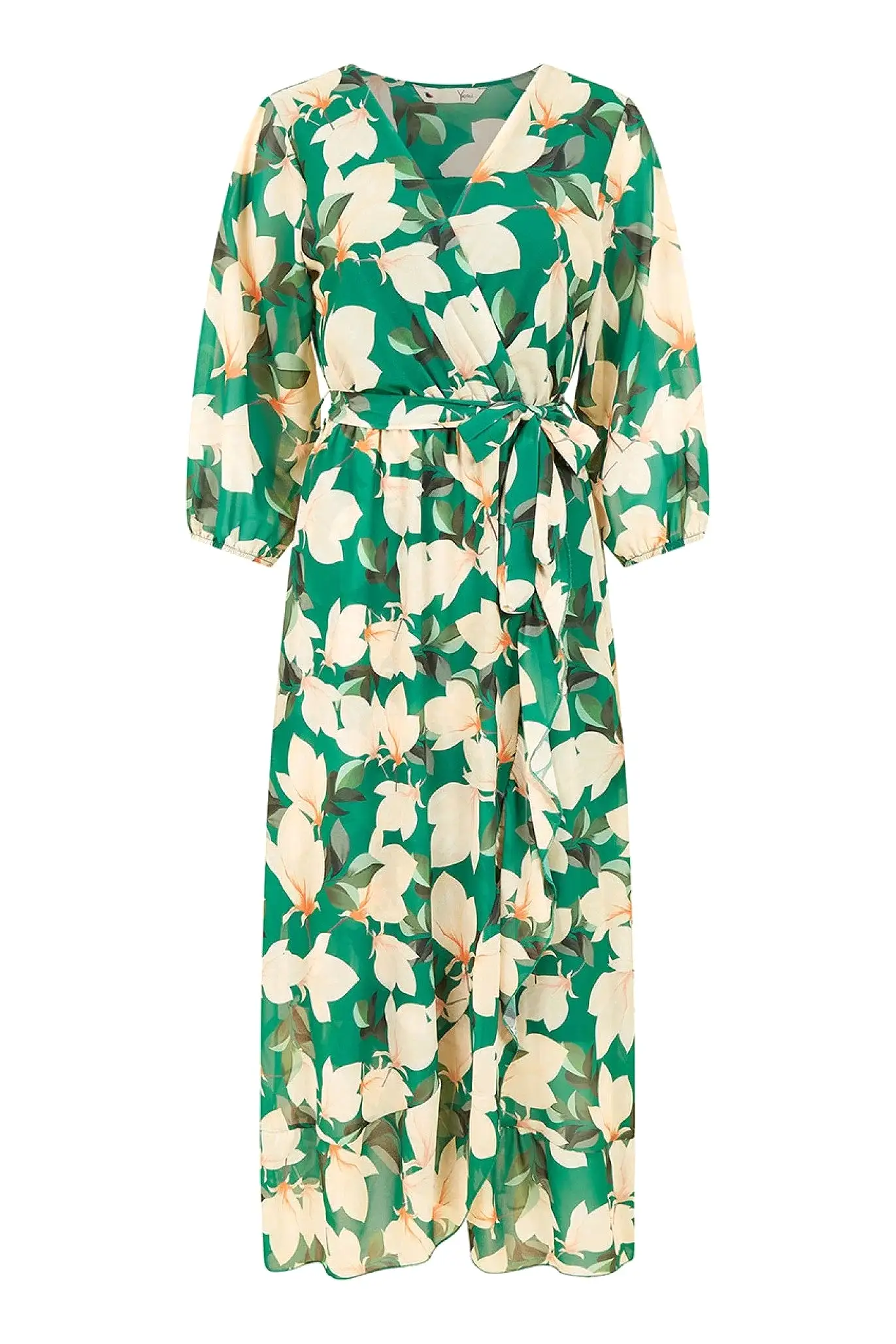 Yumi Green Blossom Wrap Midi Dress With 3/4 Sleeves