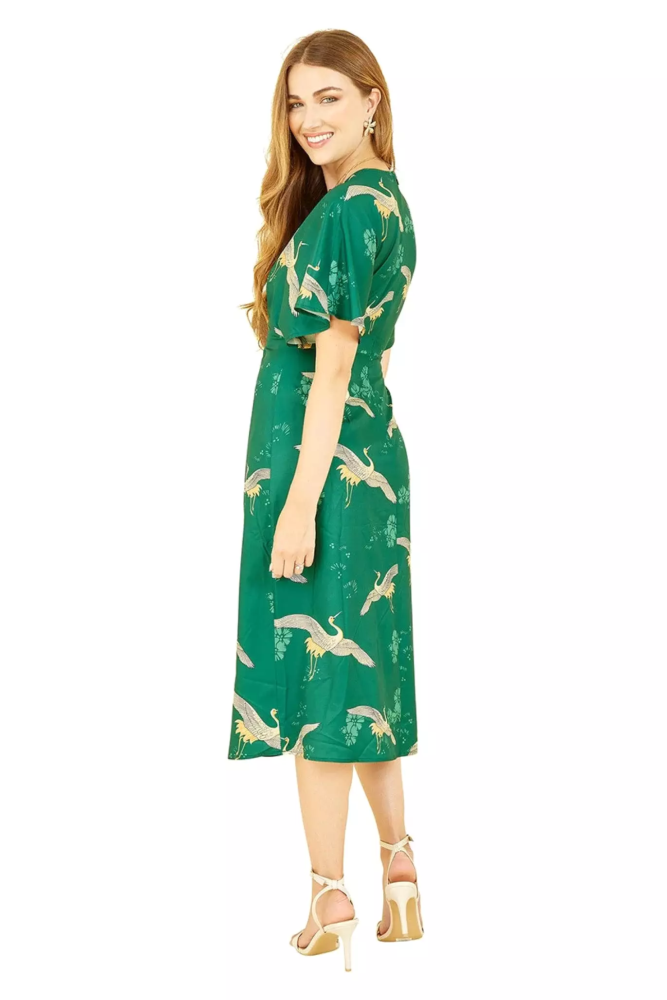 Yumi Green Crane Print Kimono Midi Dress